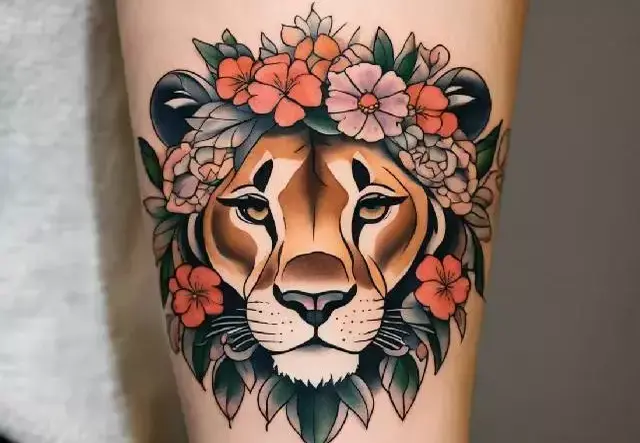 Lion with flowers tattoo drawing 9