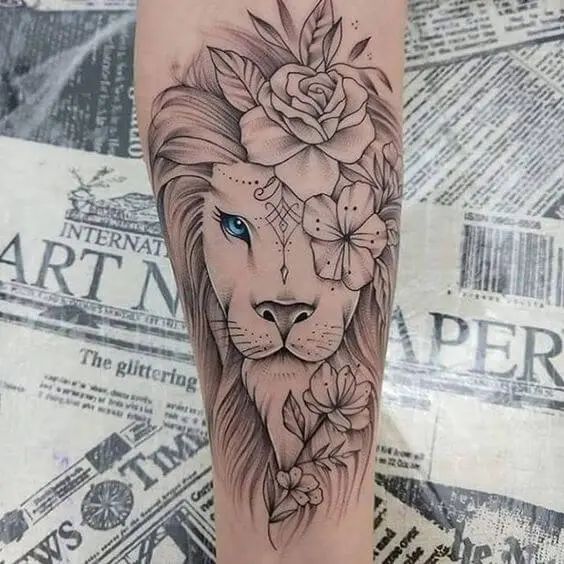 Lion with flowers tattoo drawing 6