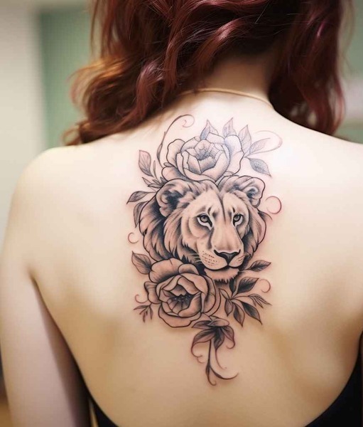 Lion with flowers tattoo drawing 1