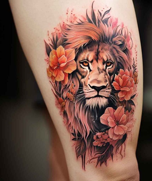 Lion with flowers tattoo drawing 3